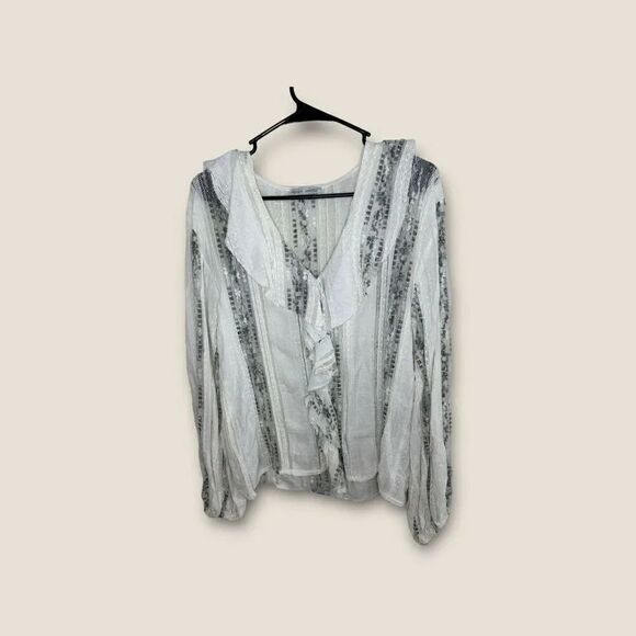 Zara Ruffled Front White Gray Blouse Small - Picture 1 of 3